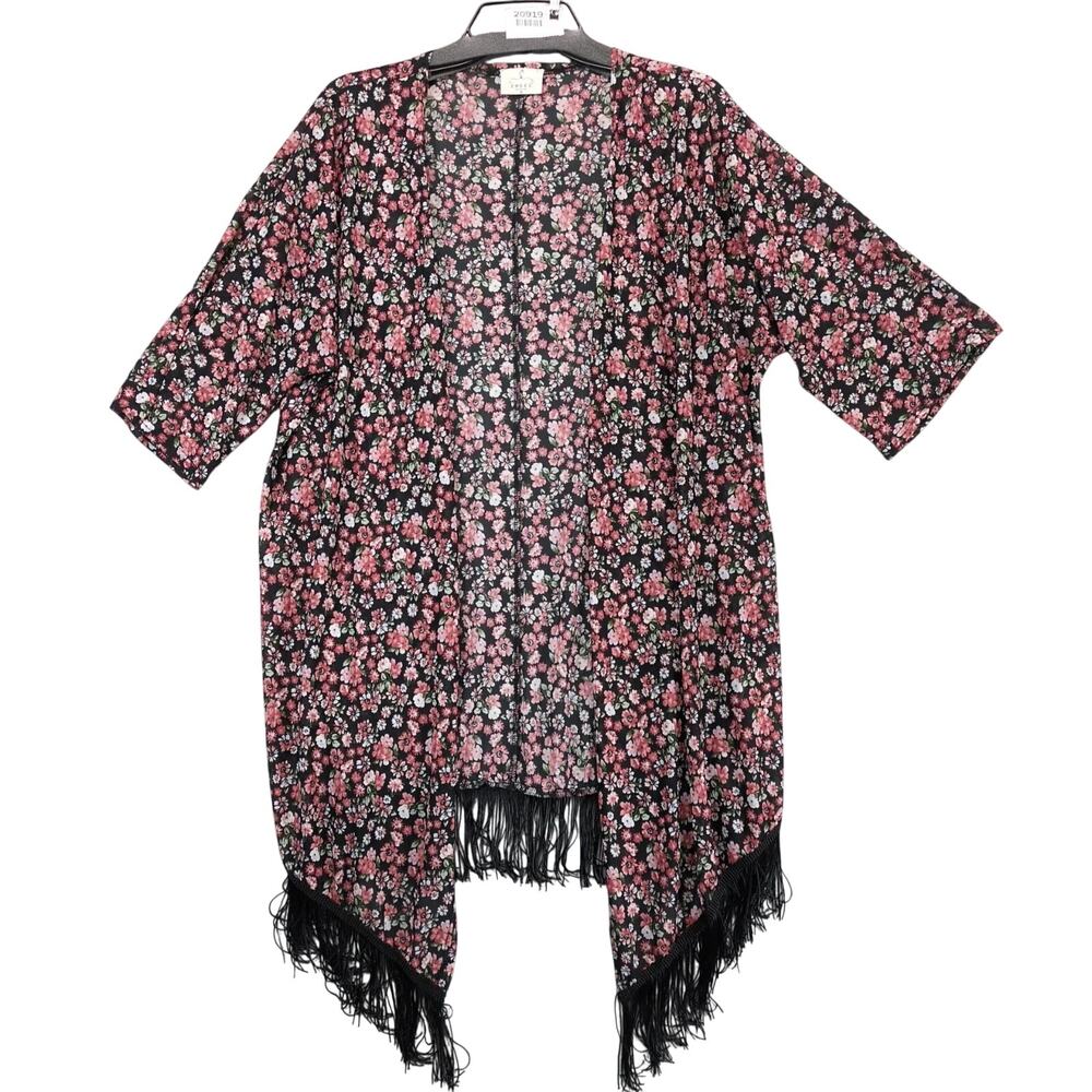 Ember Pink Floral Black‎ Sheer Open Cardigan Shrug Duster Women's XL Fringe Trim